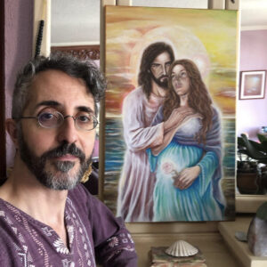 Imagen del pintor * Aislami * y su obra "La Espera" de 2019