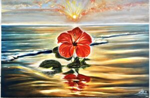 Pintura de un hibisco rojo de pie sobre la arena acariciada por el mar, bajo la luz dorada del amanecer.