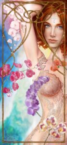 Ilustración digital de mujer pelirroja con cenefa Art Nouveau filigrana bordada sobre el cuerpo y fondo acuarela, estilo realista y ornamental