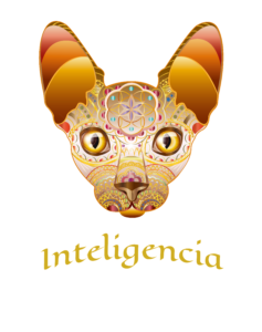 Ilustración digital de una cabeza de gato egipcio decorada con figuras geométricas en tonos dorados