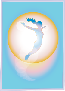 Silueta de figura femenina en movimiento con brazos abiertos rodeada de luz