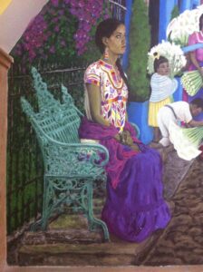 Pintura figurativa de una mujer mexicana sentada en un mercado de flores, con vestimenta tradicional y colores vibrantes con inspiración de Diego Rivera.