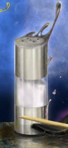 Ilustración digital en color de un salero cilíndrico disoviéndose