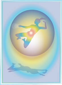 Silueta de figura en acción con un núcleo luminoso en el cuerpo, rodeada de un campo de luz.