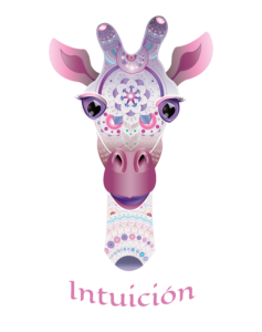 Ilustración digital de una cabeza de jirafa decorada con figuras geométricas en tonos rosados y lilas