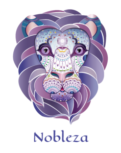 Ilustración digital de una cabeza de león decorada con figuras geométricas en tonos violetas