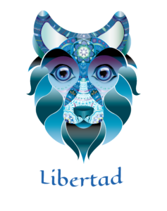 Ilustración digital de una cabeza de lobo decorada con figuras geométricas en tonos azules