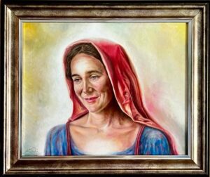 Retrato pictórico de una mujer con mantón rojo y expresión serena. Obra de estilo realista que transmite calma, intimidad y sensibilidad emocional.