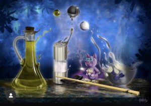 Ilustración digital en color de Chipirisblustio el cocoleyo disolviendo algunos objetos de cocina.