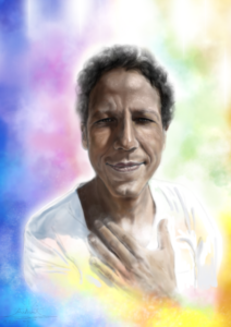 Ilustración digital de hombre envuelto en luz espiritual