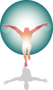 Silueta de figura con esferas de energía en sus manos frente a un fondo luminoso con su reflejo debajo