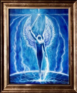 Pintura del Arcángel Miguel elevándose sobre la Tierra con una espada de luz que recibe la fuerza divina para entregarla en nuestro mundo.