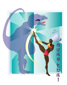 Ilustración digital de una mujer de raza negra y cabello blanco luchadora de muay thai que golpea con el pie a un tiranosaurio rex gris violáceo