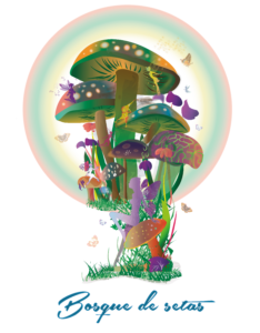 Ilustración digital de un bosque de setas con siluetas de personajes feéricos luminosos