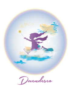 Silueta de duendecillo con varita mágica saltando entre nubes con estilo fantástico y colores suaves