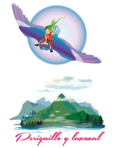 Periquillo y Luzazul es una ilustración de fantasía donde un duende viaja sobre un ave mágica sobre un paisaje montañoso.