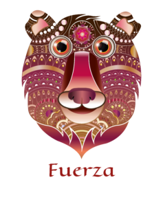 Ilustración digital de una cabeza de oso decorada con figuras geométricas en tonos granates y rojizos