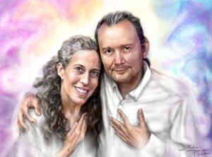 Ilustración digital de mujer y hombre envueltos en luz espiritual