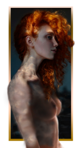 Ilustración digital de una ondina con largo cabello pelirrojo y torso desnudo