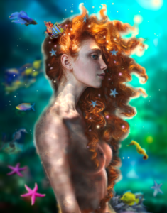 Ilustración digital de una ondina con largo cabello pelirrojo y torso desnudo en el fondo del mar