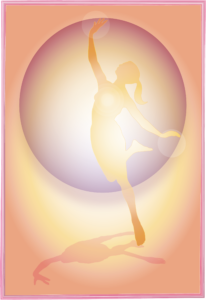 Silueta de figura femenina danzando con esferas de energía en sus manos y un punto de luz en el pecho rodeada de un halo luminoso