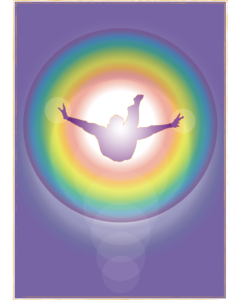 Silueta de figura masculina levitando en un halo de luz multicolor en ilustración simbólica