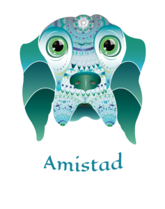 Ilustración digital de la cabeza de un perro con decoraciones geométricas en tonos verdes y turquesas