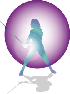 Silueta de figura femenina con espada en postura de alerta rodeada de un halo de luz