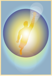 Silueta de figura masculina volando con el brazo levantado irradiando energía desde el pecho, dentro de una esfera de plasma