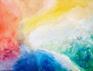 Acuarela abstracta con transiciones de color en tonos cálidos y fríos que evocan luz, agua y movimiento